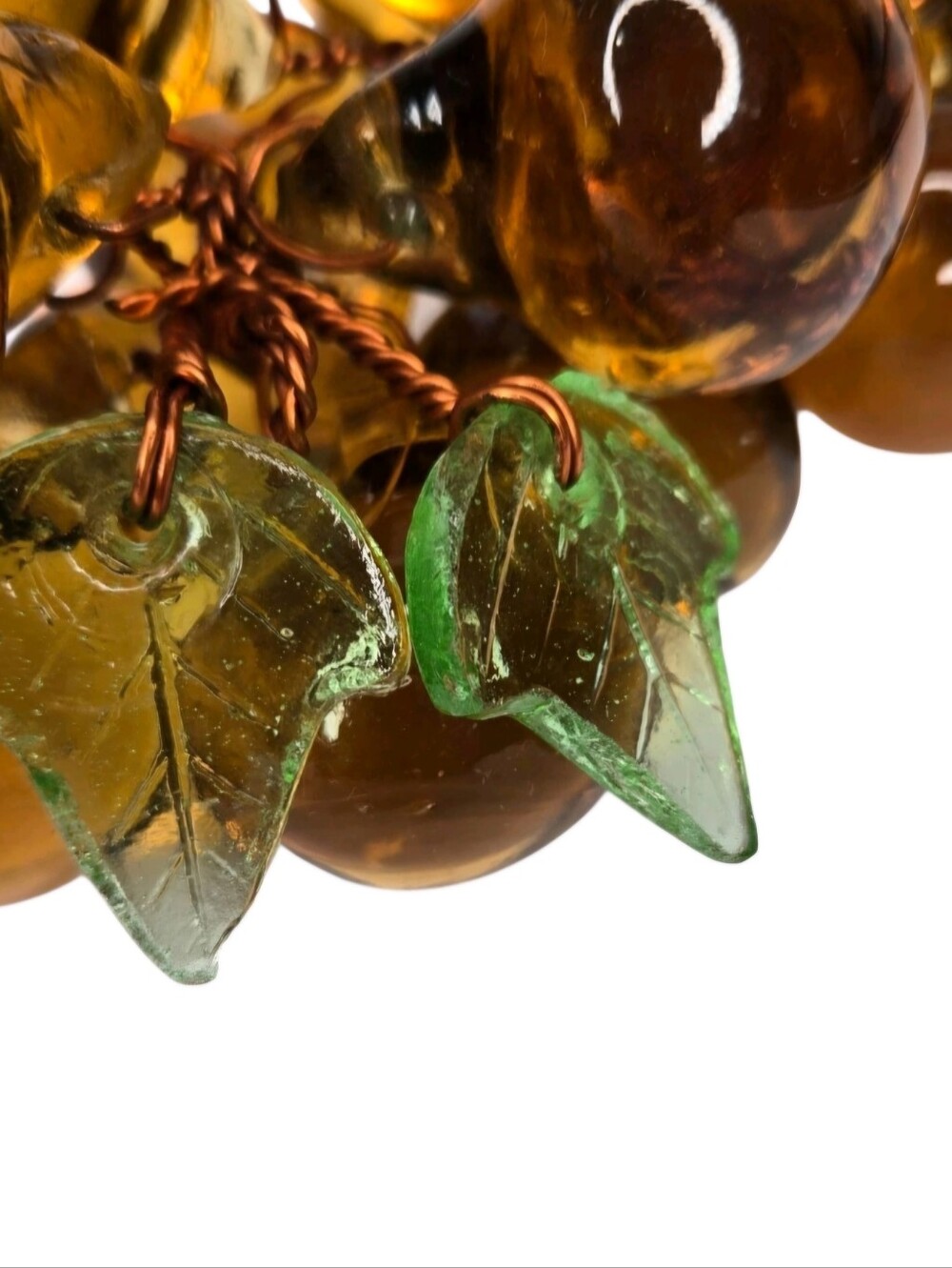 Vintage Amber Gold Brown Wire Glass Grape Cluster & Green Glass Leaves - Picture 8 of 8